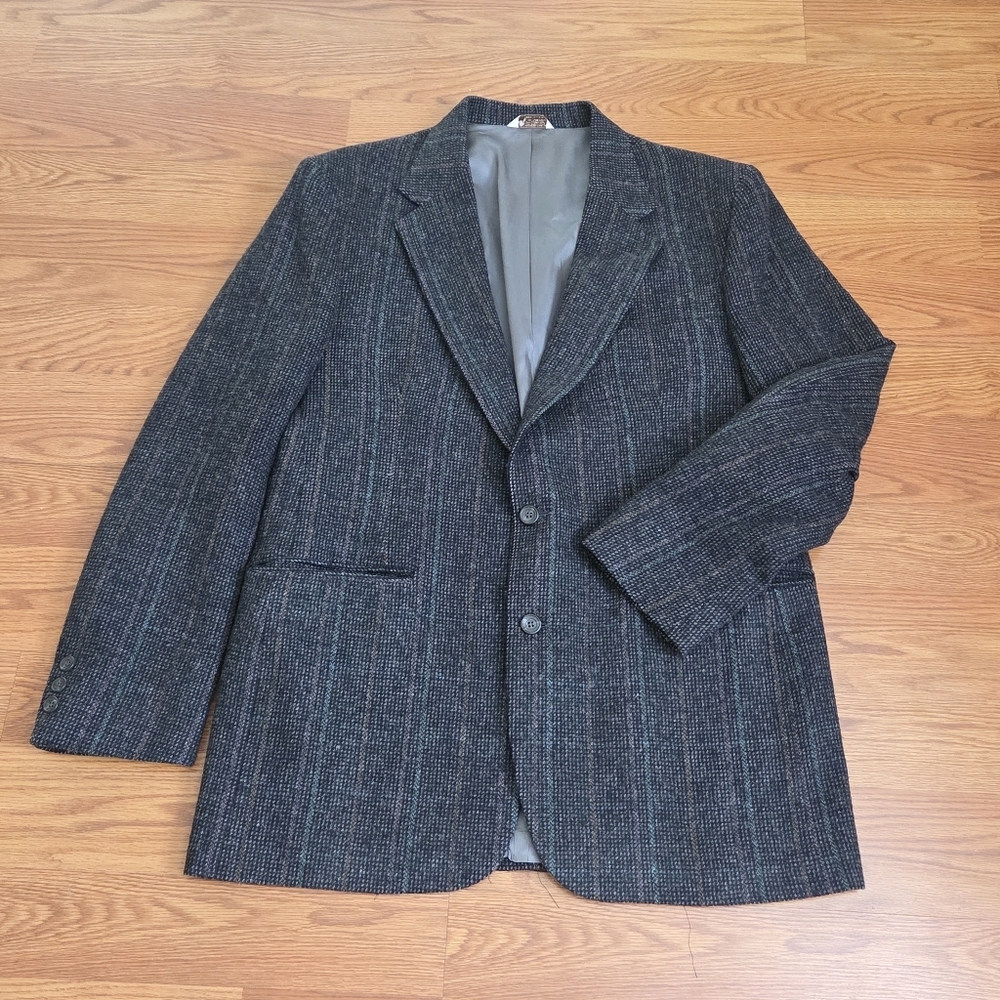VTG 70s Centura The Broadway Wool Gray Houndstooth Blazer Sport Coat Jacket, 42R